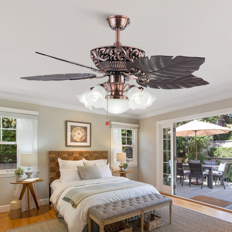 Modern 52" Ceiling Fan Light With Plastic Blades Antique Solid Wood Carving Banana Blade Decoration Ceiling Fan With CE ROHS