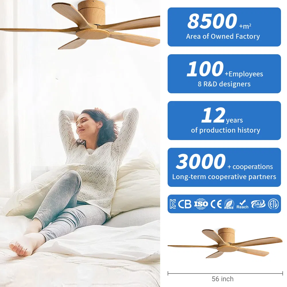 Quiet Operation 56 Inch Solid Wood Ceiling Fan No Light No Lamp Without Flush Mount