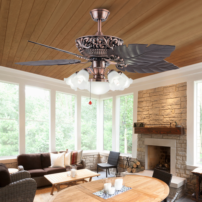 Modern 52" Ceiling Fan Light With Plastic Blades Antique Solid Wood Carving Banana Blade Decoration Ceiling Fan With CE ROHS