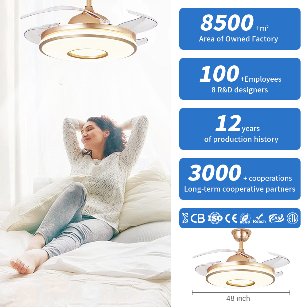 48 Inch Luxury Retractable Ceiling Fan With 4 Invisible Blades, Gold-Black Finish, LED Light And Smart Remote Control