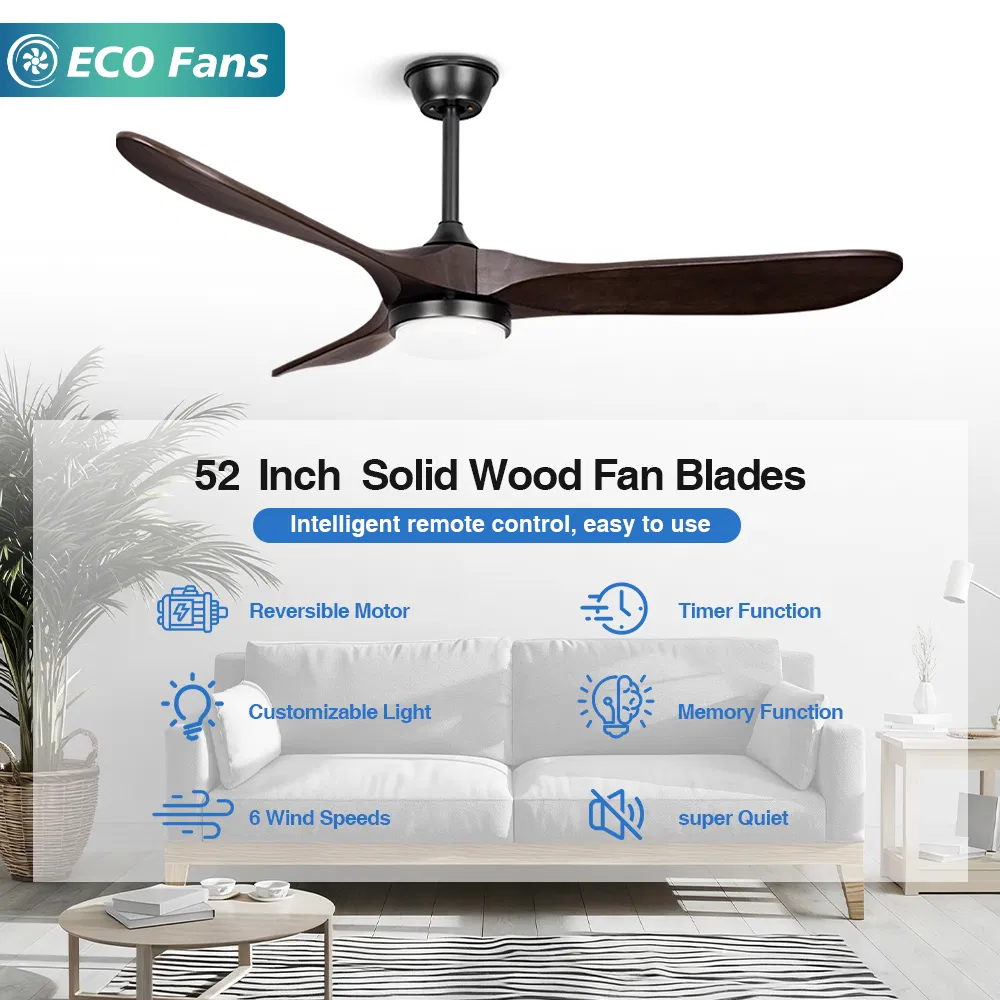 52 Inches Solid Wood 3 Blades Remote Control Ceiling Fan with Light