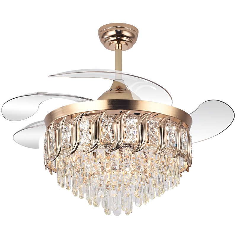 Y316 Crystal Fan Light Modern Reversible Ceiling Fan and Light Dimmable LED K9 Crystal Retractable Fan Light with Remote Control