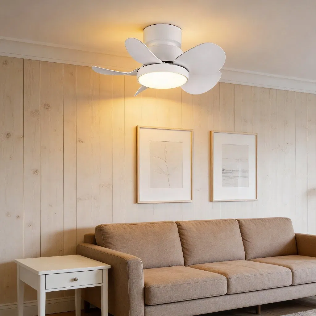 22 Inches Flush Mount Ceiling Fan LED for Kids Room Modern Style Remote Control Iron for Small Rooms White Color