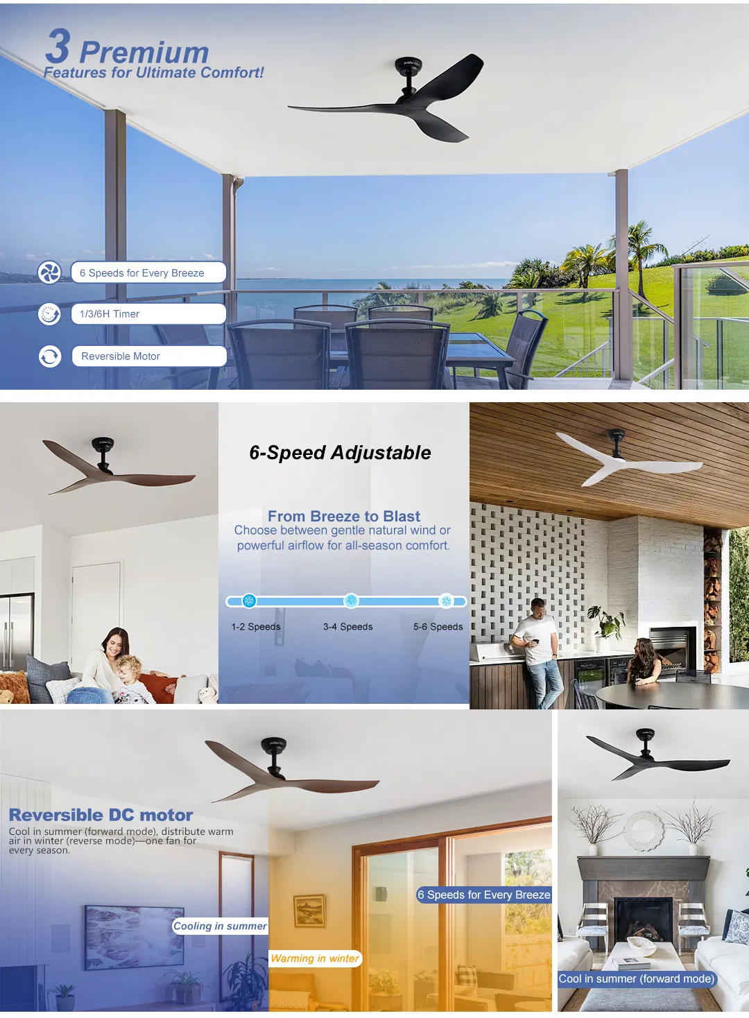 Ceiling Fan ABS Plastic Blades 52 Inches Black Ceiling Fan with APP and Remote Control
