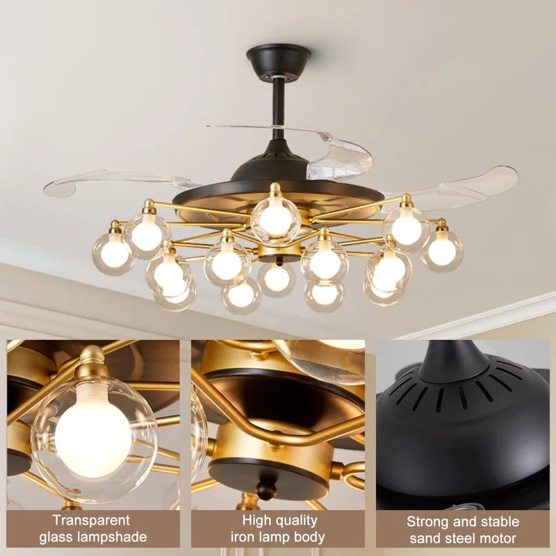 15 Light Crystal Retractable Ceiling Fan and Remote 42inch Modern Carbon Steel Gold Fandelier Ceiling Fan Reversible Blades
