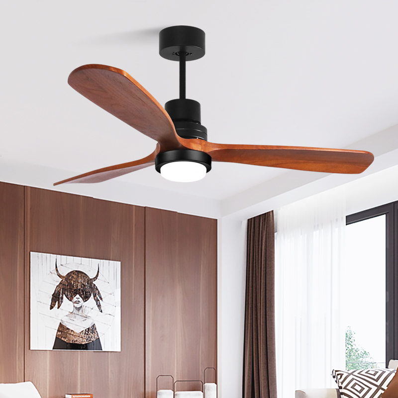 OEM ODM 52 Inch Fans Lamp Metal 3 Solid Wooden Blade Led Remote Control Nordic Modern LED Ceiling Fan With Light