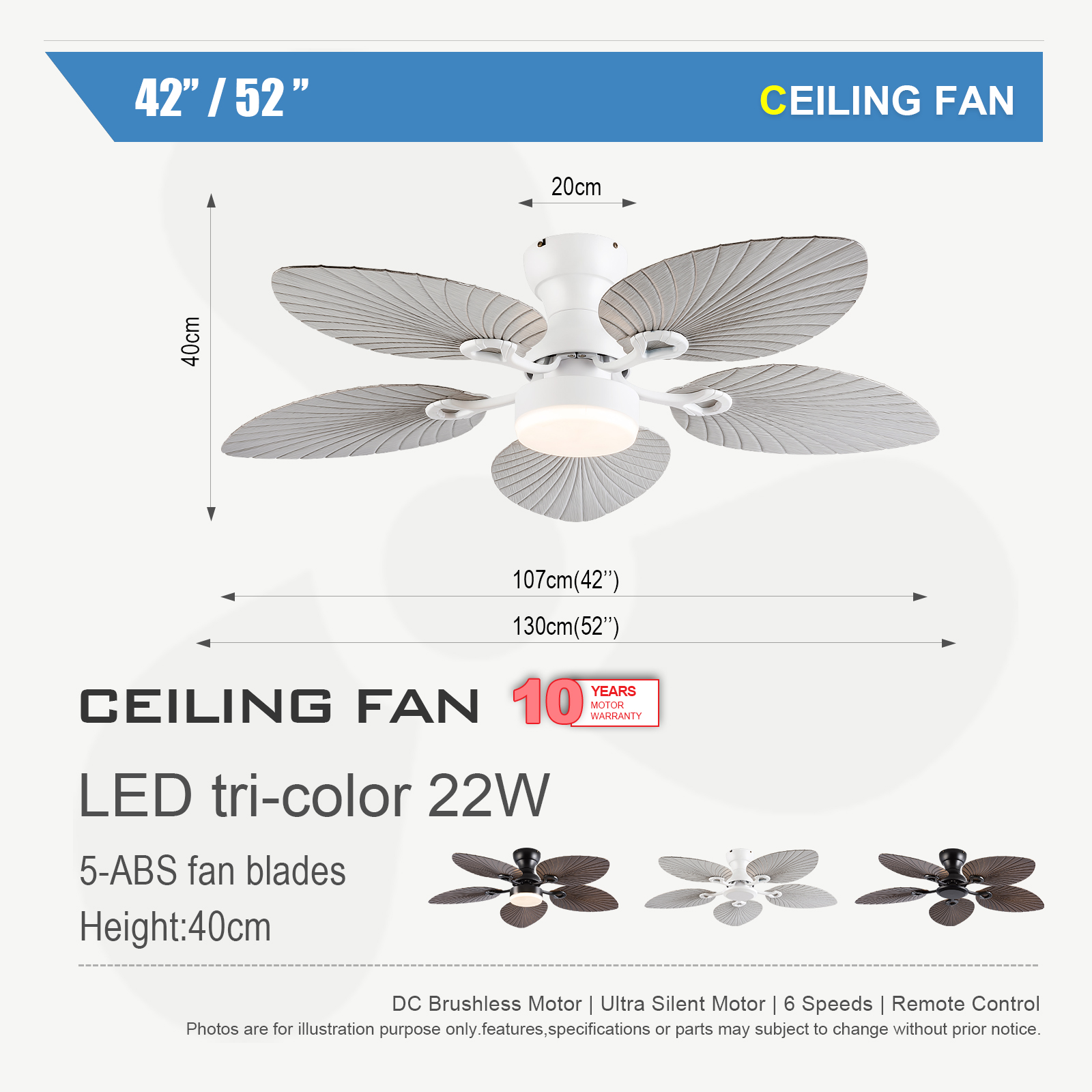 Zhongshan Spot Abs Banana Leaf 42/52 Inch 5-Leaf High Wind Bedroom Dining Room Ceiling Fan Without Light