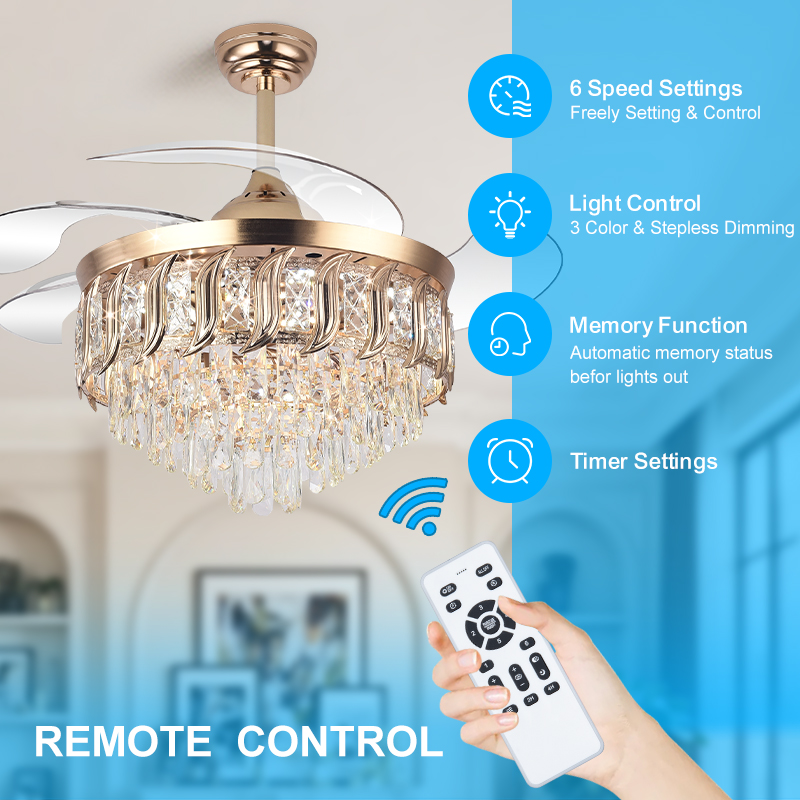 Y316 Crystal Fan Light Modern Reversible Ceiling Fan and Light Dimmable LED K9 Crystal Retractable Fan Light with Remote Control