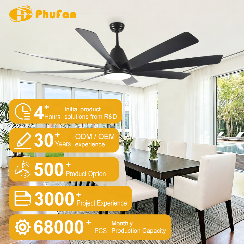 60 Inch 8-Blade Black Ceiling Fan Light LED &amp; 6-Speed Reversible DC Motor Remote Control High Airflow for Large Living Room