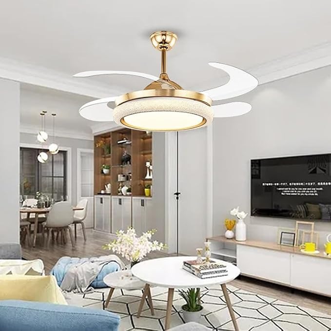 Golden Retractable Ceiling Fan Light LED Chandelier With Remote Control 6 Speed 3 Color Temperature Dimmable Indoor Fan Lamp