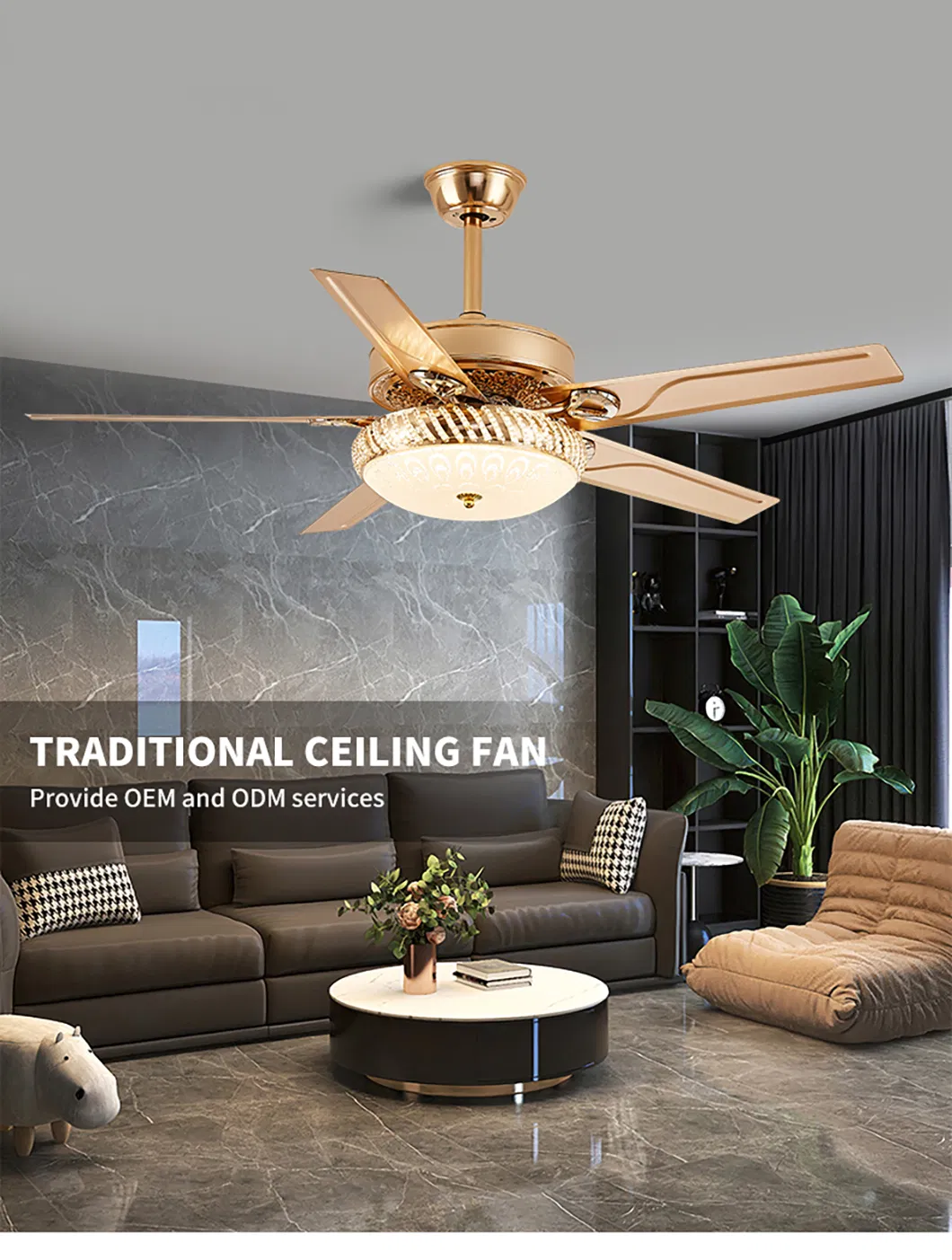 Low Profile Outdoor 5blades Golden DC Motor Silent Ceiling Fan with Light