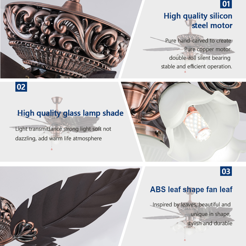 Modern 52" Ceiling Fan Light With Plastic Blades Antique Solid Wood Carving Banana Blade Decoration Ceiling Fan With CE ROHS