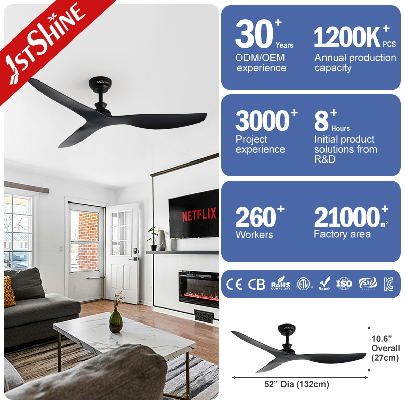 1stshine 52 Inches Black Blade Quiet DC Motor 6 Speeds ABS Simple Ceiling Fan With Remote Control