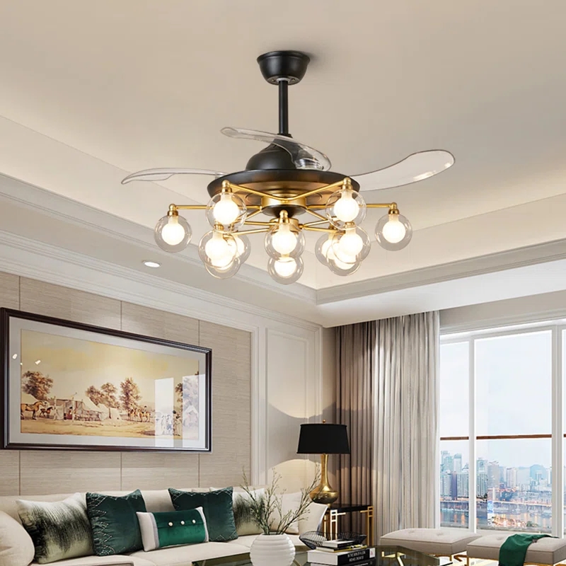 15 Light Crystal Retractable Ceiling Fan and Remote 42inch Modern Carbon Steel Gold Fandelier Ceiling Fan Reversible Blades