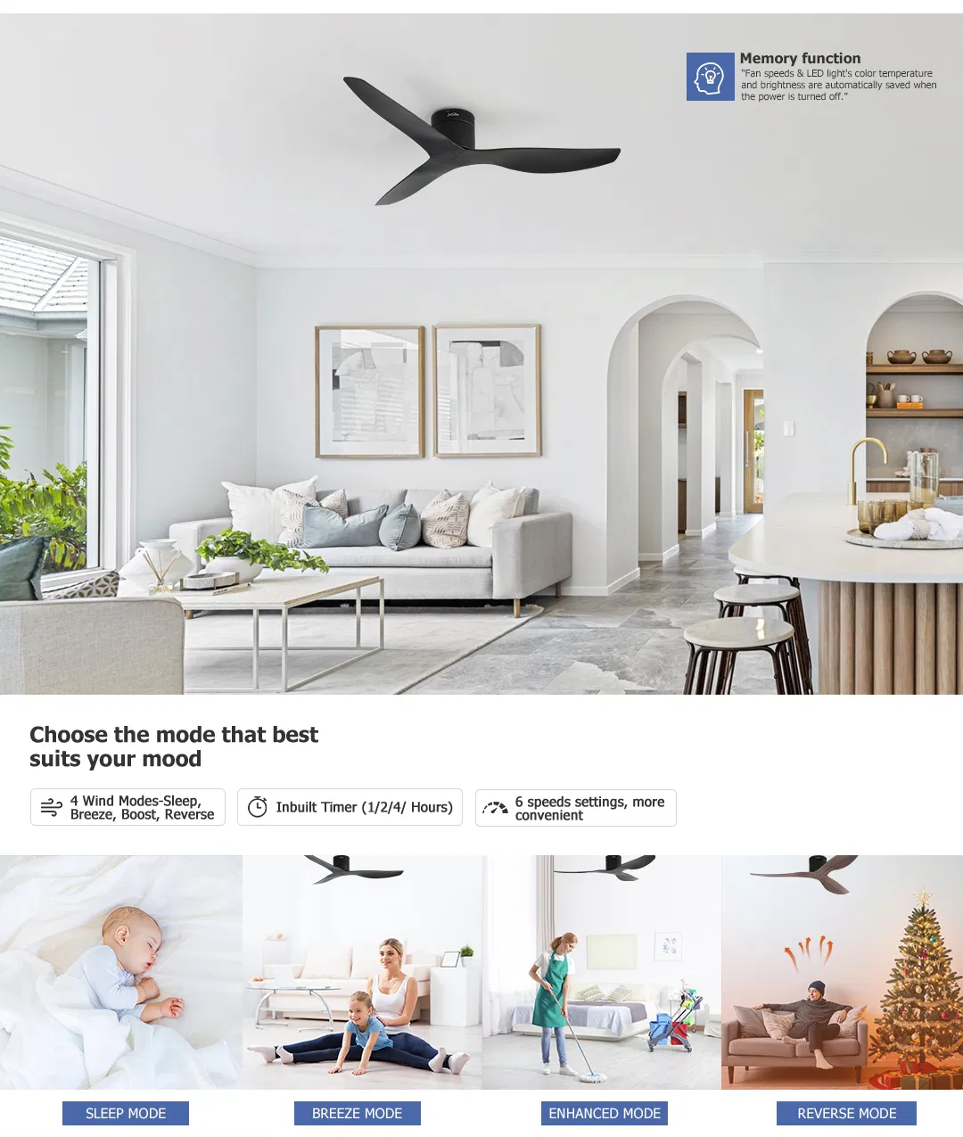 Ceiling Fan Low Profile 3 ABS Blades Smart Remote Control Space Saving DC Ceiling Fan