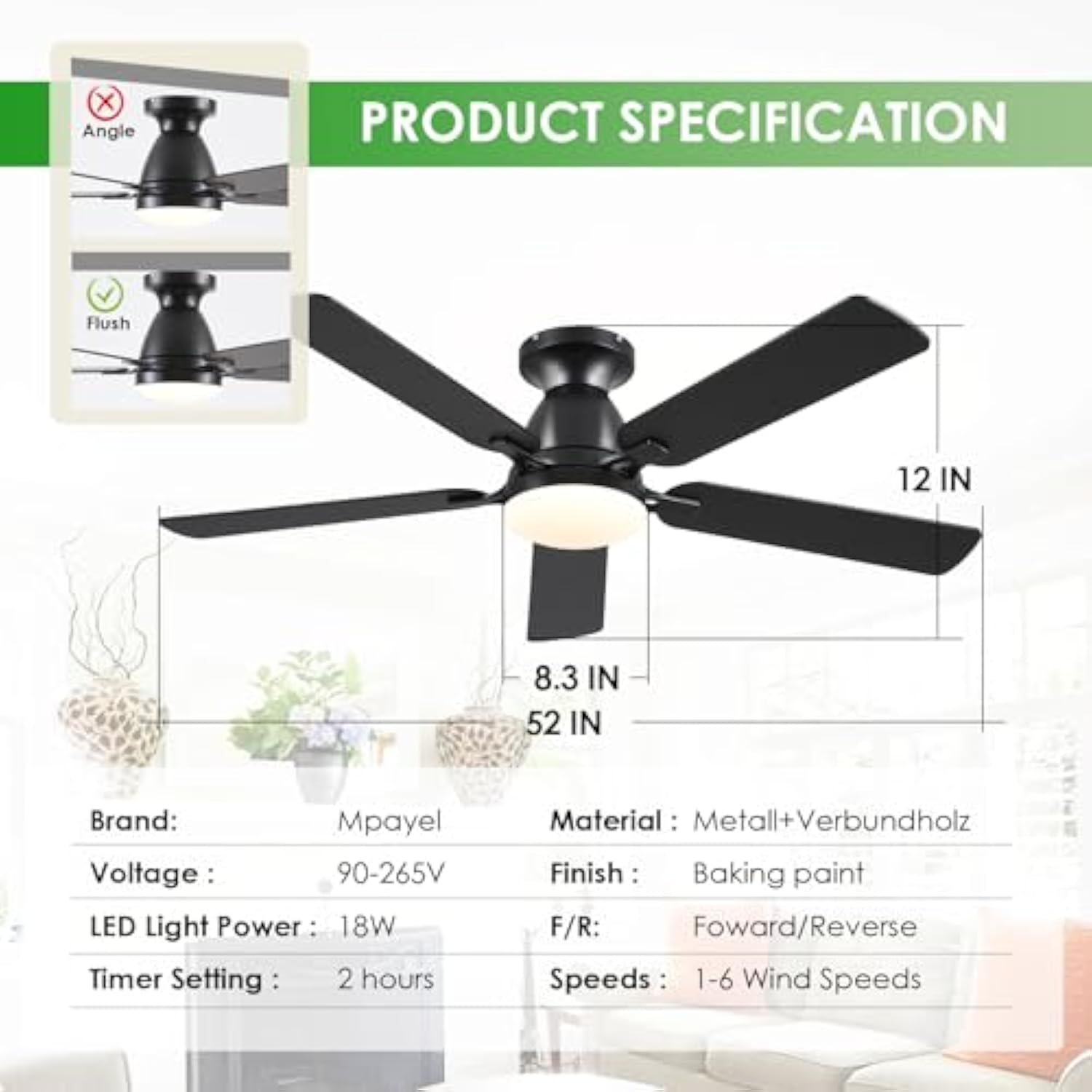 52 Inch Low Profile Ceiling Fan With Light Flush Mount LED Dimmable DC Reversible Modern Ceiling Fan With Remote APP