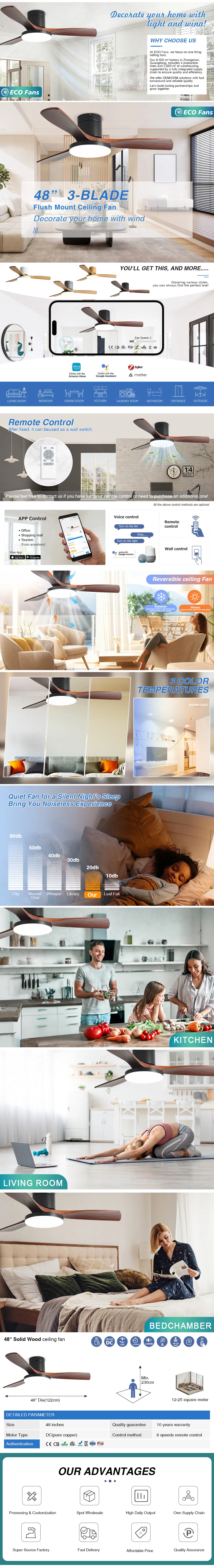 Solid Wood Blades Ceiling Fans with Light for Living Room