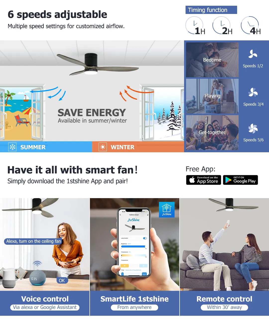 Noiseless Dimmable Flush Mount Solid Wood Fan Light Tricolor Ceiling Fan Light with Remote Control