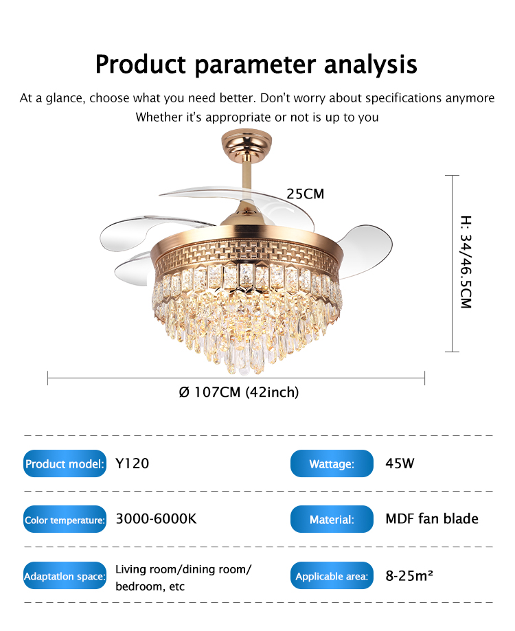 Y120 Luxury Bedroom Crystal Chandelier Ceiling Led Fan Light Luxury Ceiling Fan Led with Light Chandelier Ceiling Light and Fan