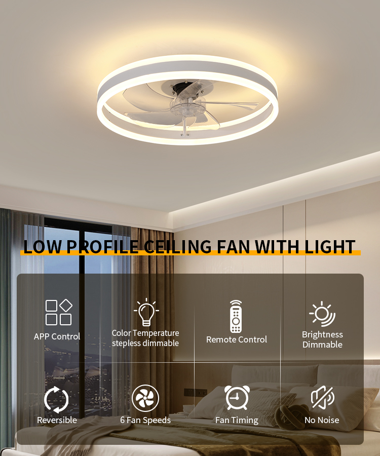 Modern Minimalist Metal Ceiling Fan LED Light Smart APP Control Ultra-Quiet Reversible DC Motor Flush Mount Bedroom 5 Blades