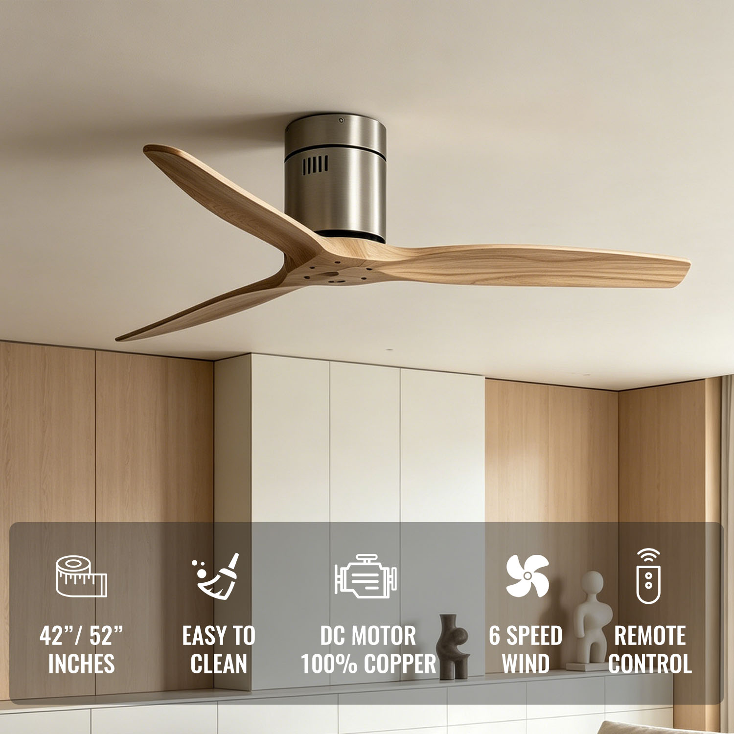 Ceiling Fans 52 Inch Solid Wood Ceiling Fan With Remote Control Silent DC Motor 6 Speed Reversible Modern Wood Ceiling Fan