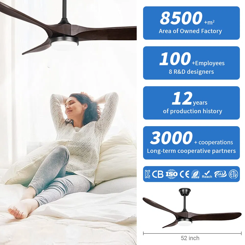 52 Inches Solid Wood 3 Blades Remote Control Ceiling Fan with Light