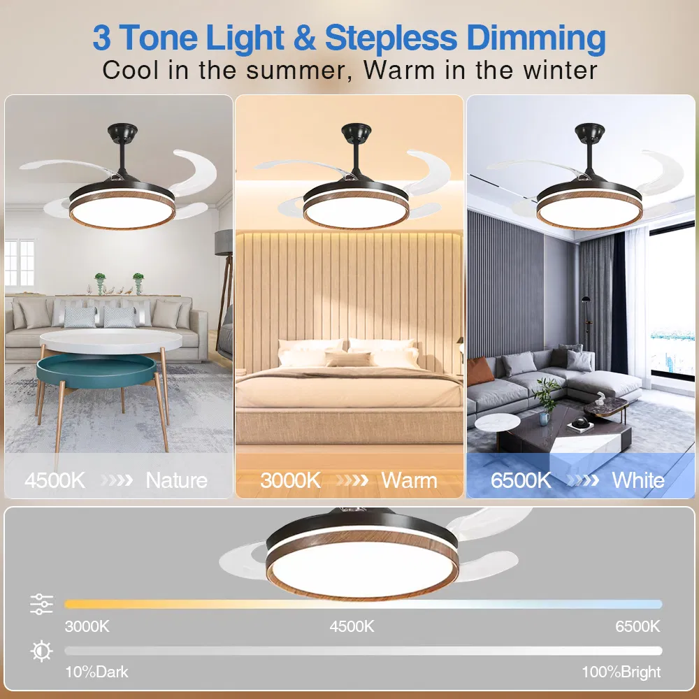 48 Inch Large-Size Wood Grain Trim Hidden Blade Ceiling Fan - PC Blades Remote Control Spacious Room