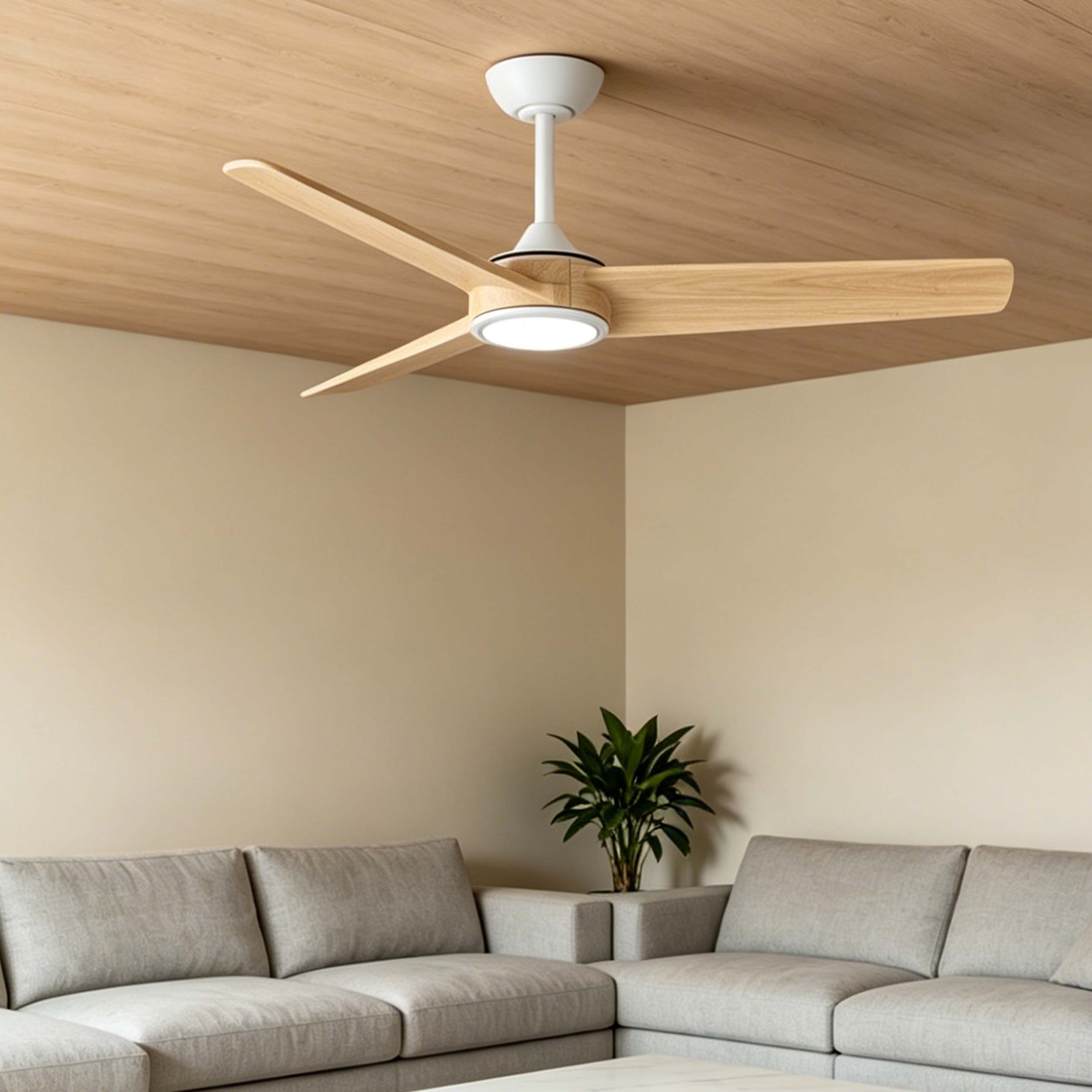 52 Inch Timber Blades Ceiling Fan With Light | OEM Customizable Finish | DC Silent Motor | Japandi Style for Living Room &amp; Hotel