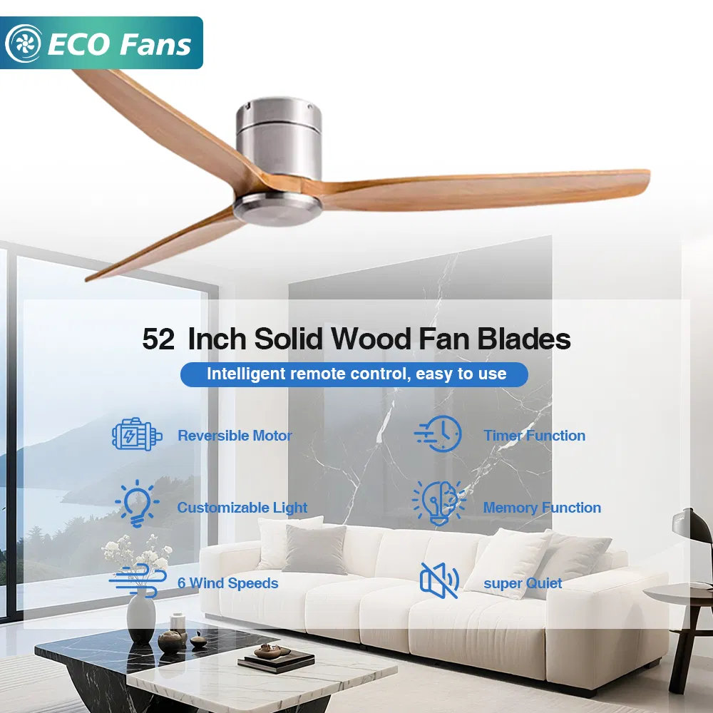 Solid Wood Ceiling Fan Brushed Nickel Luxury Chrome Finish 52 Inch Ceiling Fan with 3 Blade