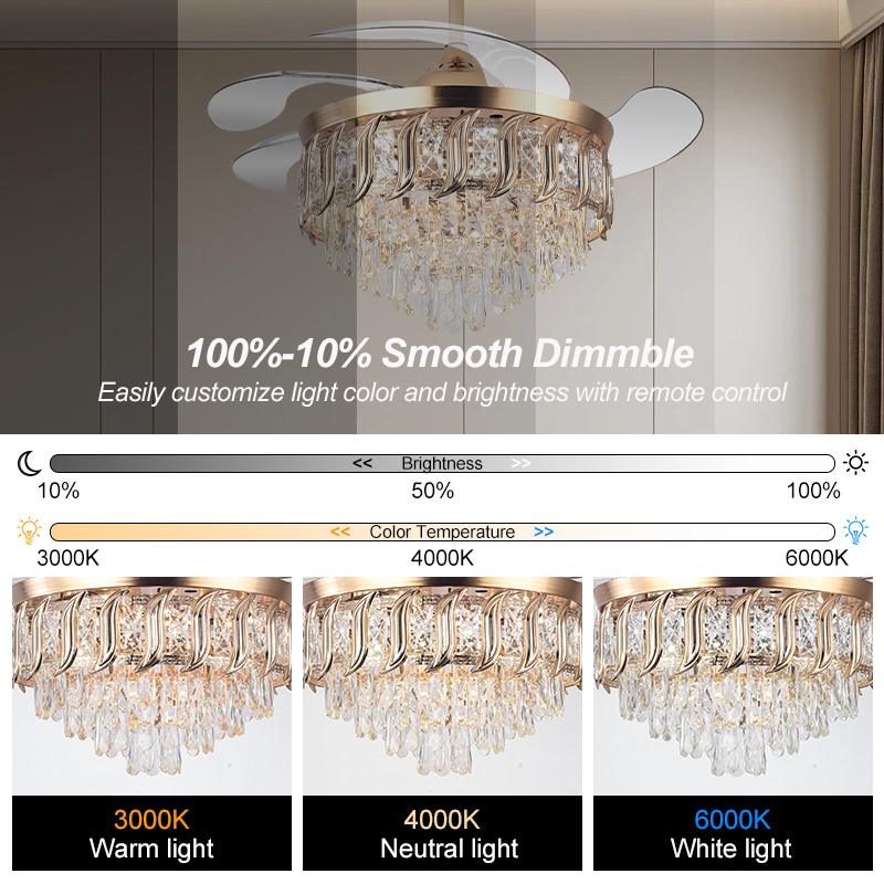 Y316 Crystal Fan Light Modern Reversible Ceiling Fan and Light Dimmable LED K9 Crystal Retractable Fan Light with Remote Control