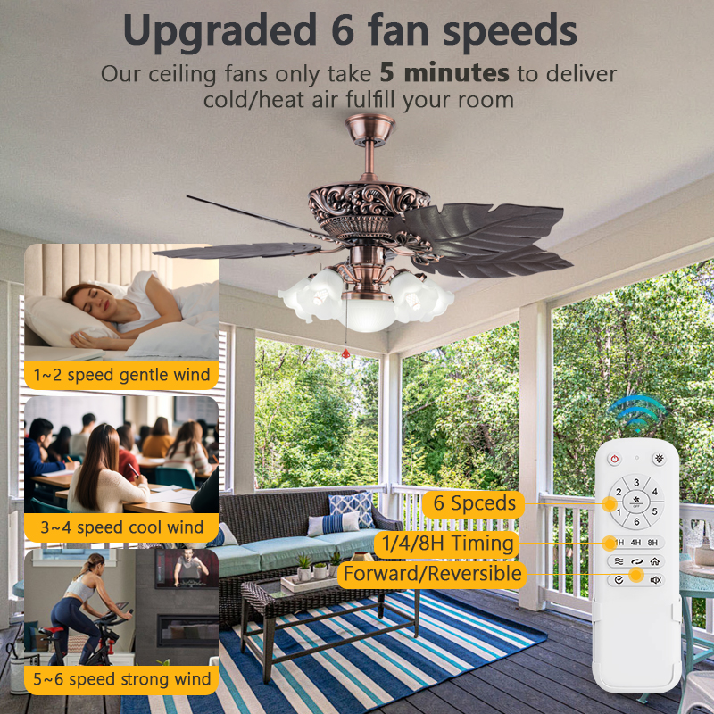 Modern 52" Ceiling Fan Light With Plastic Blades Antique Solid Wood Carving Banana Blade Decoration Ceiling Fan With CE ROHS