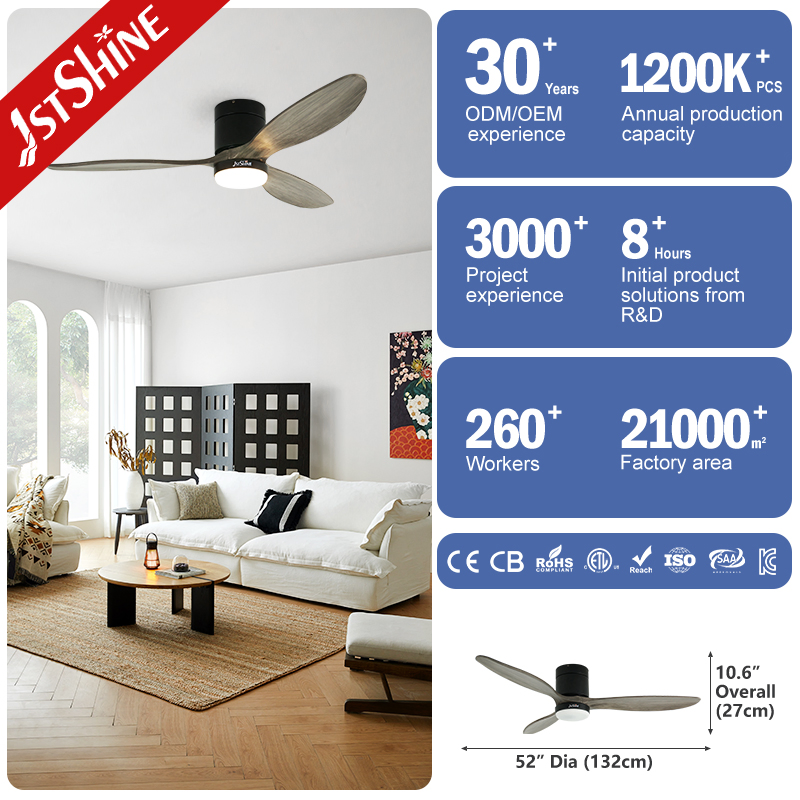 1stshine Noiseless Dimmable Flush Mount Solid Wood Fan Light Tricolor Ceiling Fan Light with Remote Control