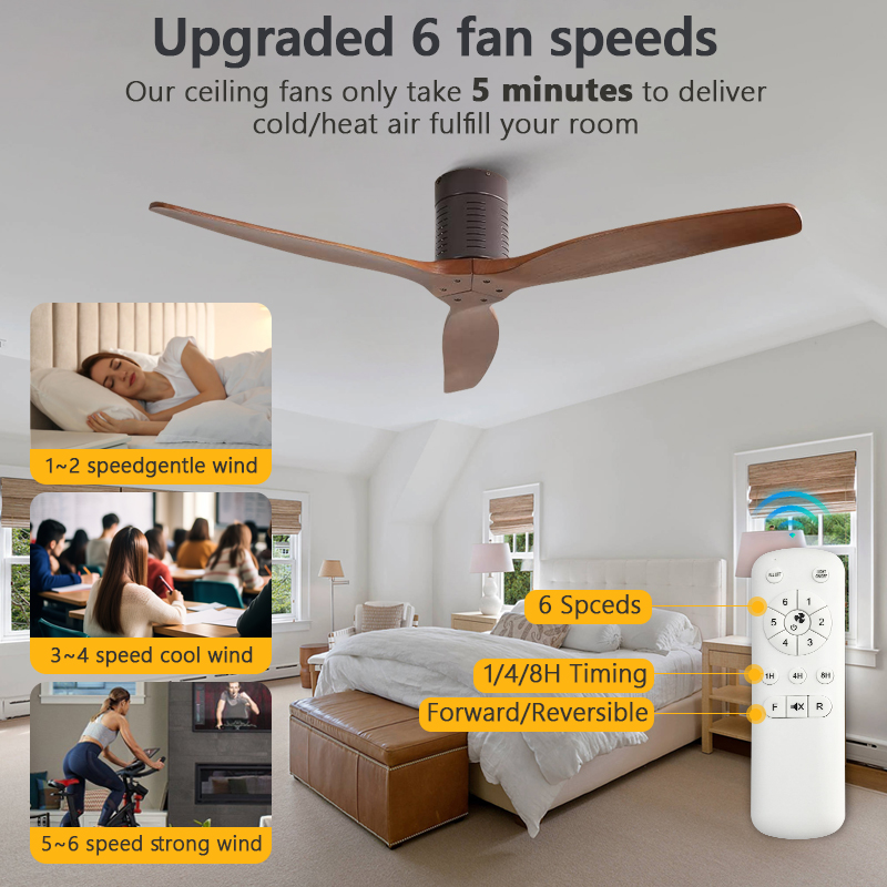 Modern Indoor 52 Inch Mounted Solid Wood Hugger Low Floor Flush Mount Loft Style Decorative BLDC Ceiling Fans Without Light