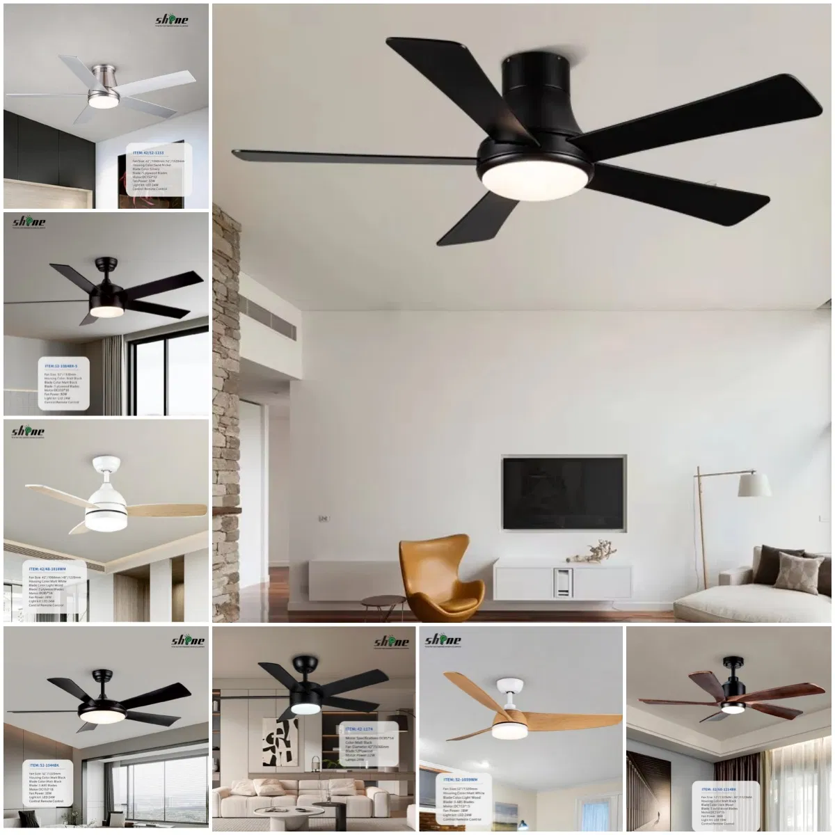 Low Noise Modern 52-Inch Plywood LED Ceiling Remote Control DC 110V Black LED Ceiling Fan with LED Light