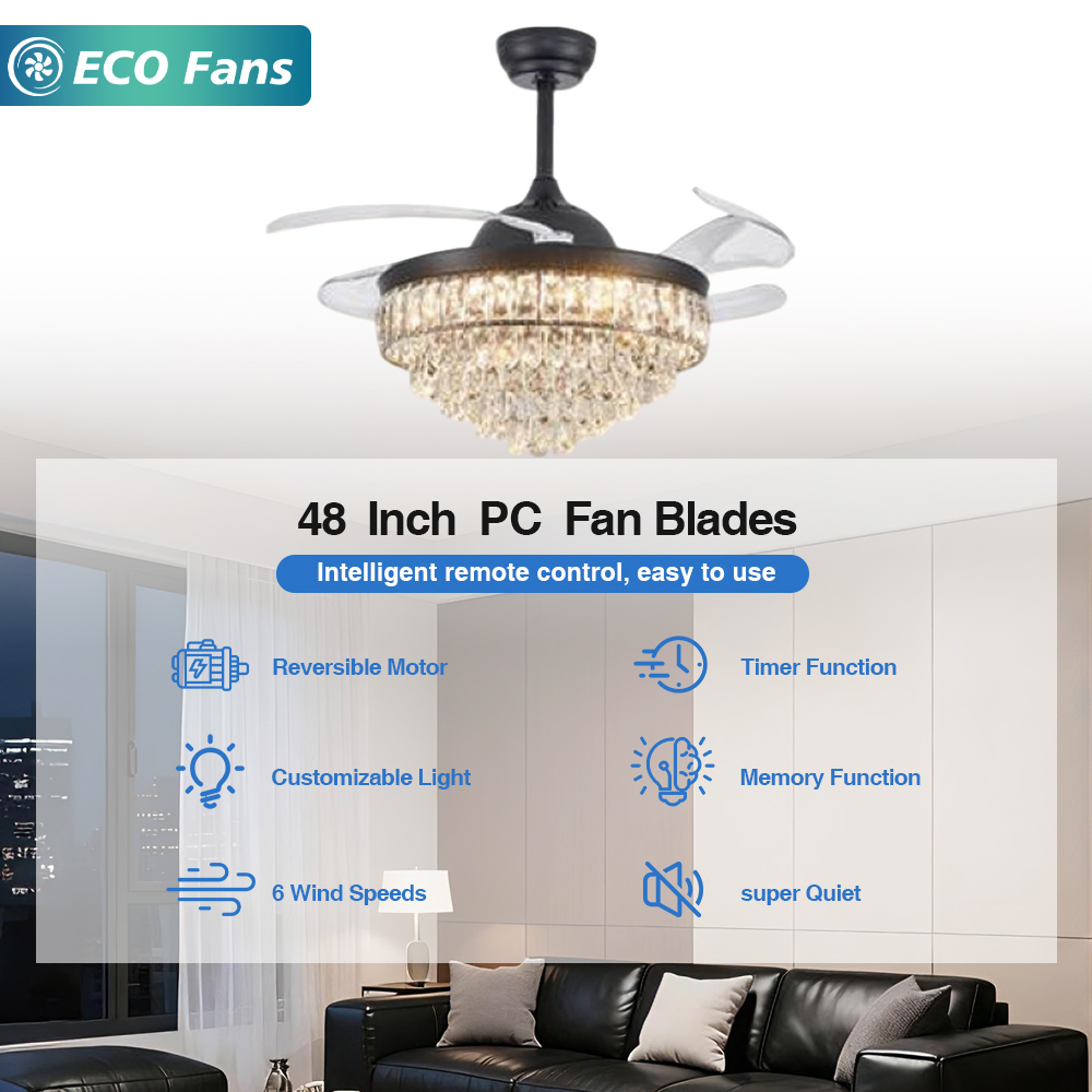 48 Inch Crystal Ceiling Fan With European Style, Smart Remote Control And LED For Living Room Comfort