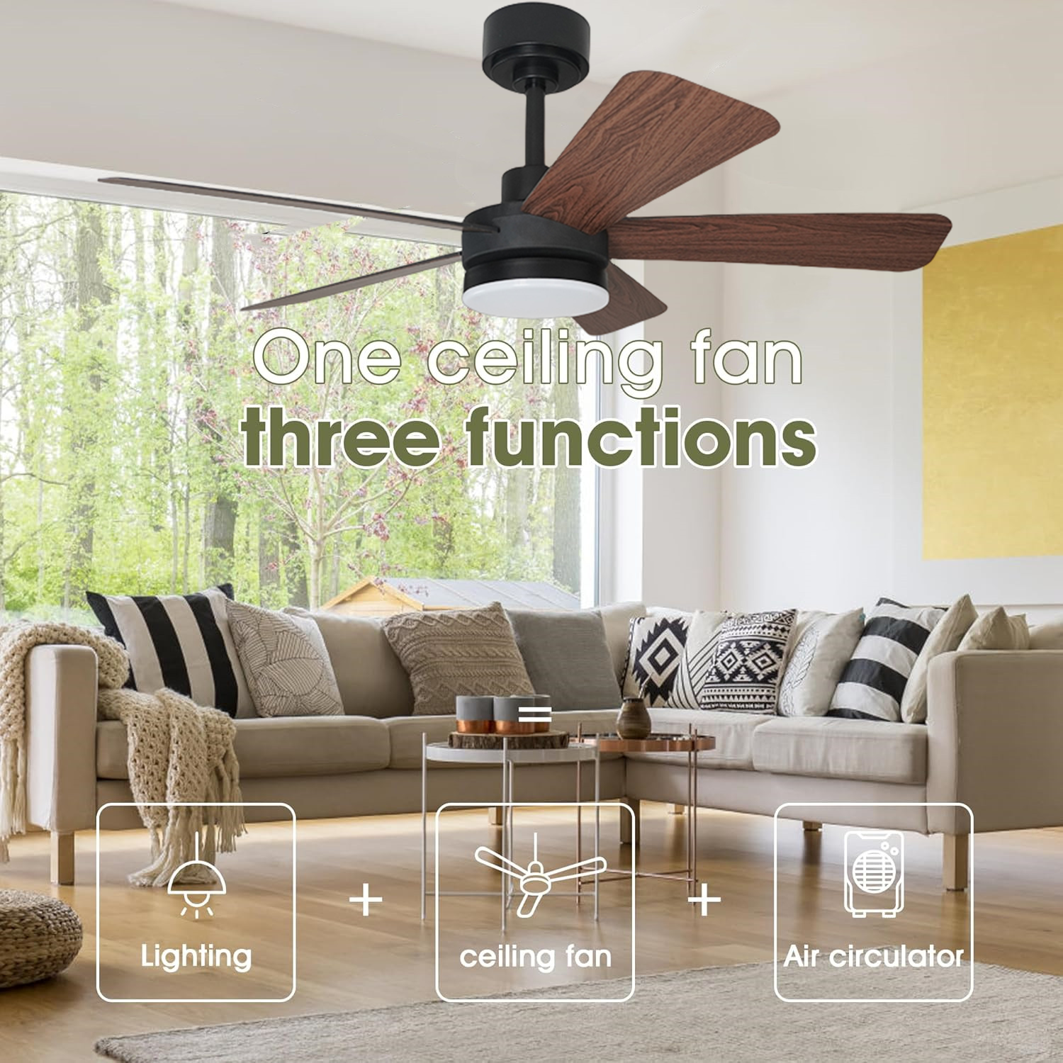 Modern Style Big Ceiling Fan With Light 3 Colors Dimmable LED 6 Speeds Reversible DC Motor 5 Straight Blades Indoor Fan Light