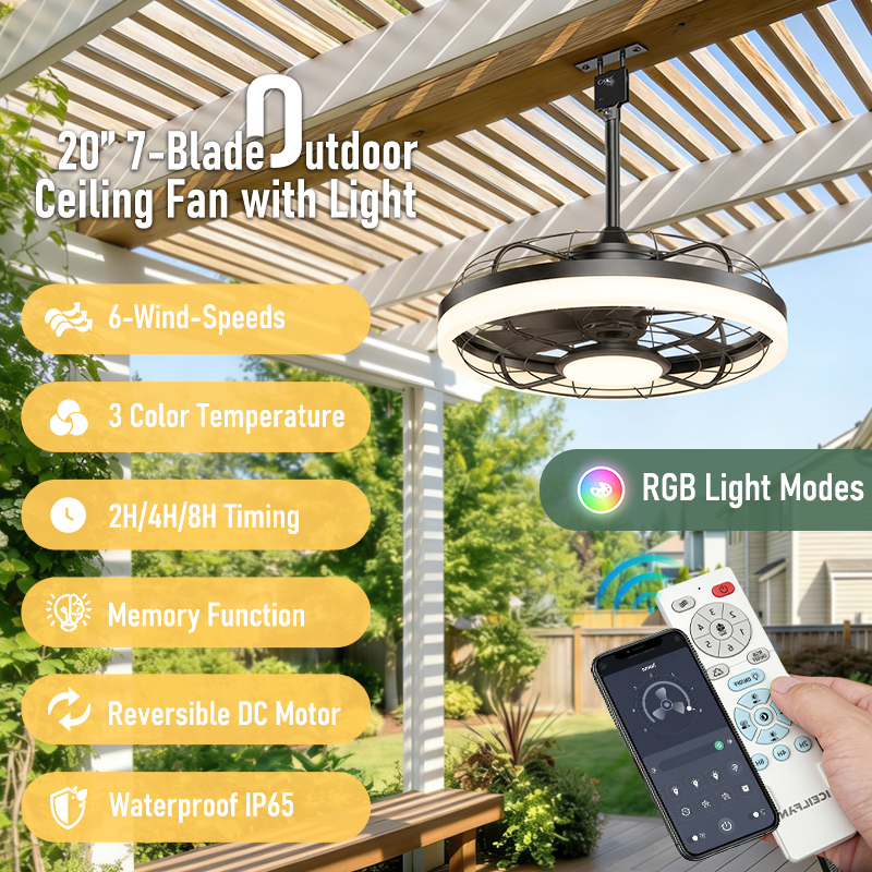 20 Inch Outdoor Caged Ceiling Fan with Light Waterproof Smart RGB 3CCT Reversible Dimmable LED Hanging Fan for Patio Gazebo