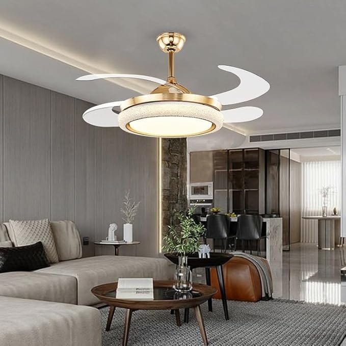 Golden Retractable Ceiling Fan Light LED Chandelier With Remote Control 6 Speed 3 Color Temperature Dimmable Indoor Fan Lamp