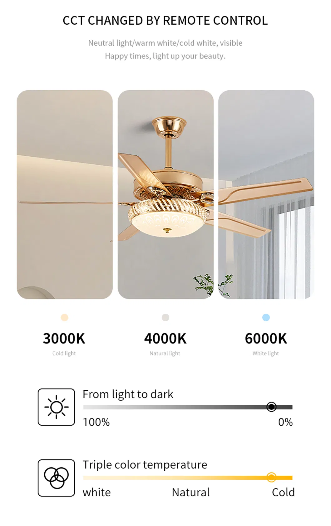 Low Profile Outdoor 5blades Golden DC Motor Silent Ceiling Fan with Light