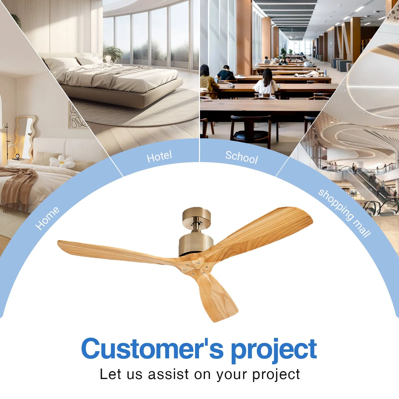 52" 3-Blades Solid Wood Blade Ceiling Fan Indoor Decorative Hanging Fan Without Light and Remote Control