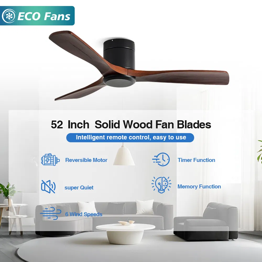 52-Inch Flush Mount Ceiling Fan with 3 Solid Wood Blades and Remote Control &amp; Pure Copper DC Motor, Simple Style (Black Body) , Improve Residential Comfort
