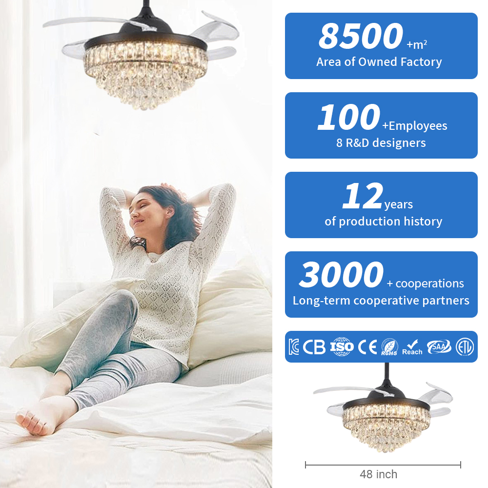 48 Inch Crystal Ceiling Fan With European Style, Smart Remote Control And LED For Living Room Comfort