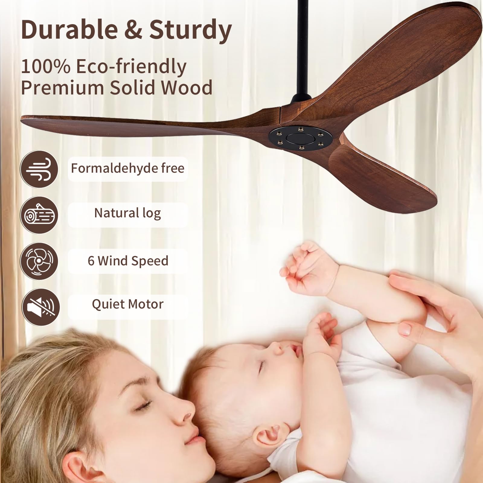 Indoor Ceiling Fan Without Light American Style Solid Wood Blades Quietest Motor for Living Room Garage Farmhouse Ceiling Fan