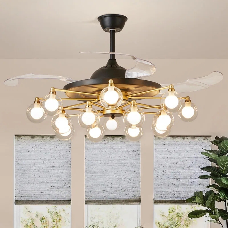 15 Light Crystal Retractable Ceiling Fan and Remote 42inch Modern Carbon Steel Gold Fandelier Ceiling Fan Reversible Blades