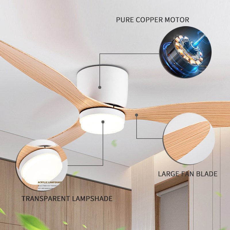 Decorative Indoor Solid Wood Blades Remote Control LED Ceiling Fan with Light