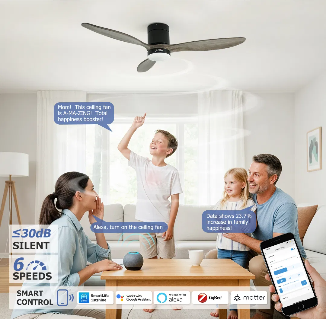 Noiseless Dimmable Flush Mount Solid Wood Fan Light Tricolor Ceiling Fan Light with Remote Control