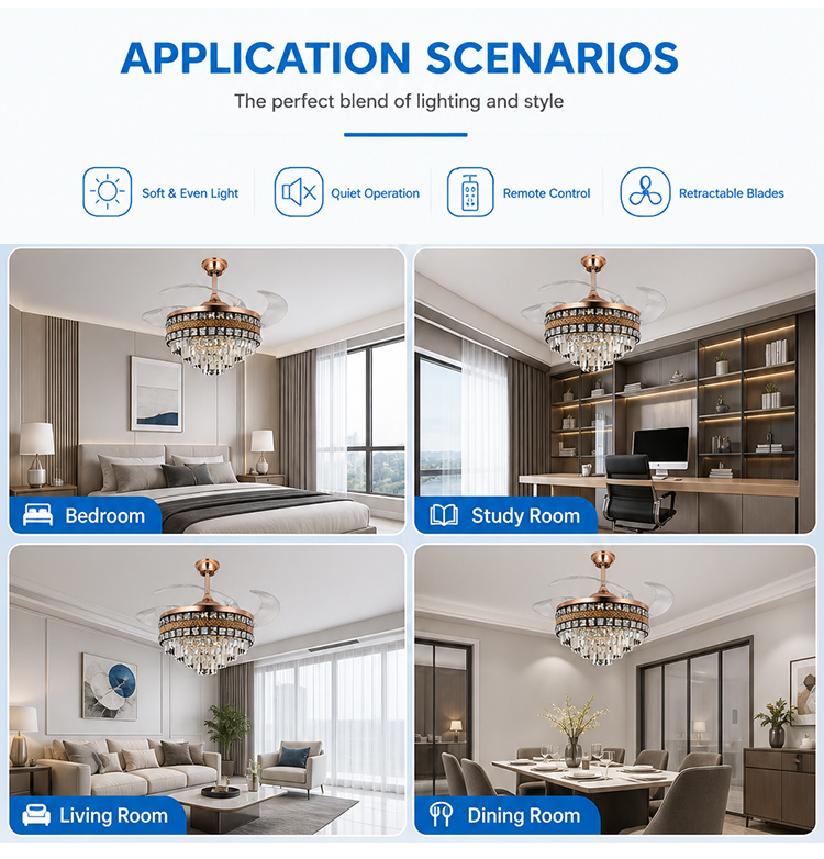 Energy-saving Modern Indoor 42 Inch 3-Color Temperature Dimmable Mute Invisible Crystal Ceiling Fan With Led Light and Remote