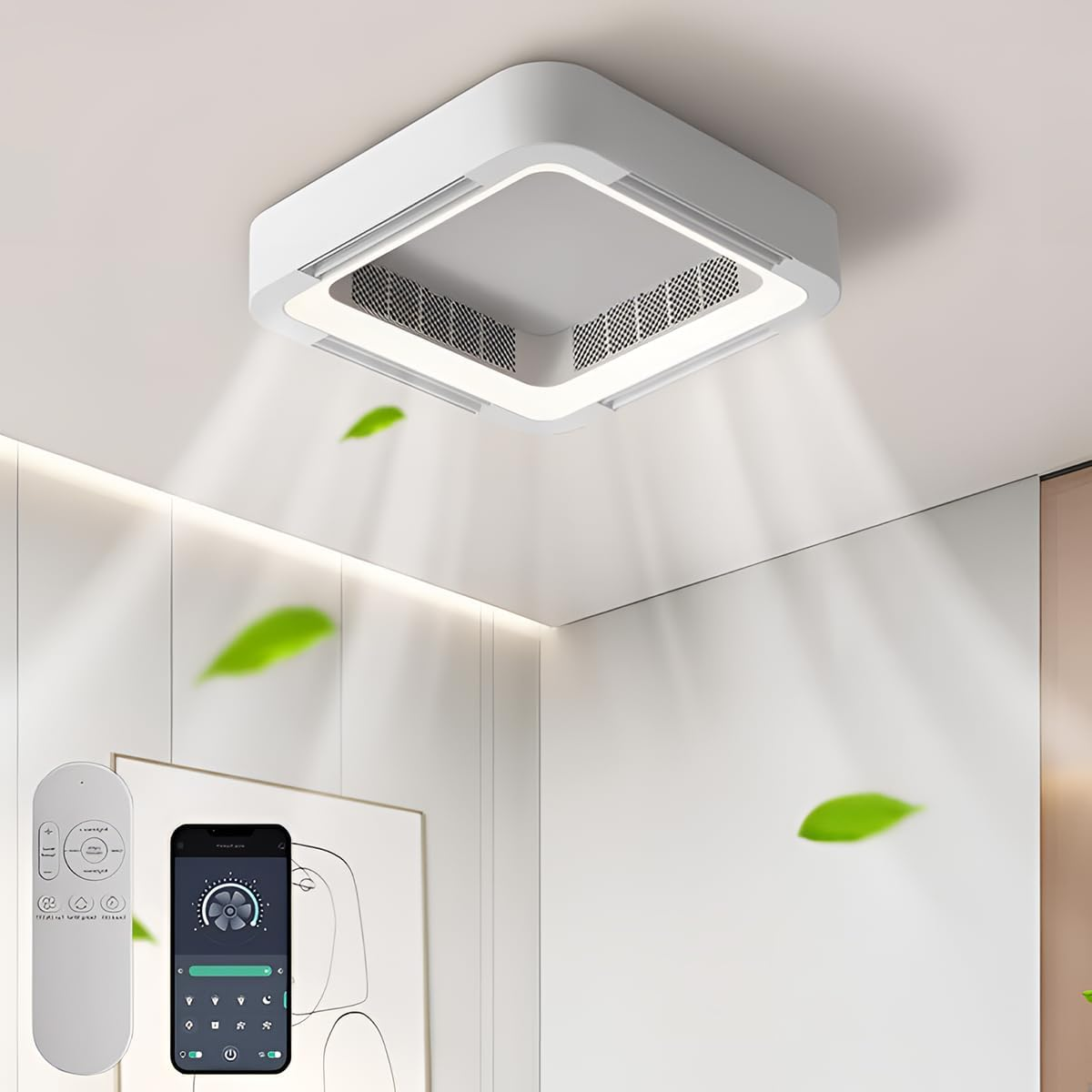 2026 Bladeless Ceiling Fan Light Flush Mount Smart APP Control Dimmable Square Led Ceiling Fan with Light and Remote