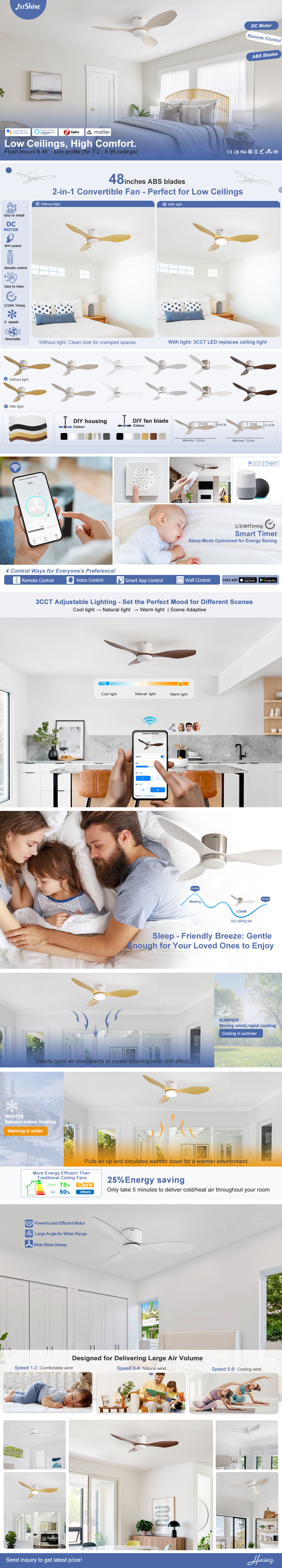 3 Plastic Blades App Control Smart Low Ceiling Led Ceiling Fan with DC Motor