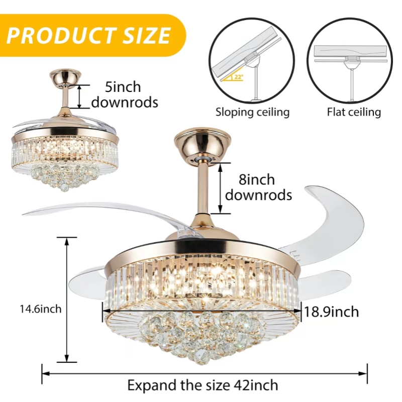 42" Reversible 6-Speed Remote Control LED Copper Ceiling Fan with 5 Blades DC Motor Dimmable Hugger Mount for Modern Living Room